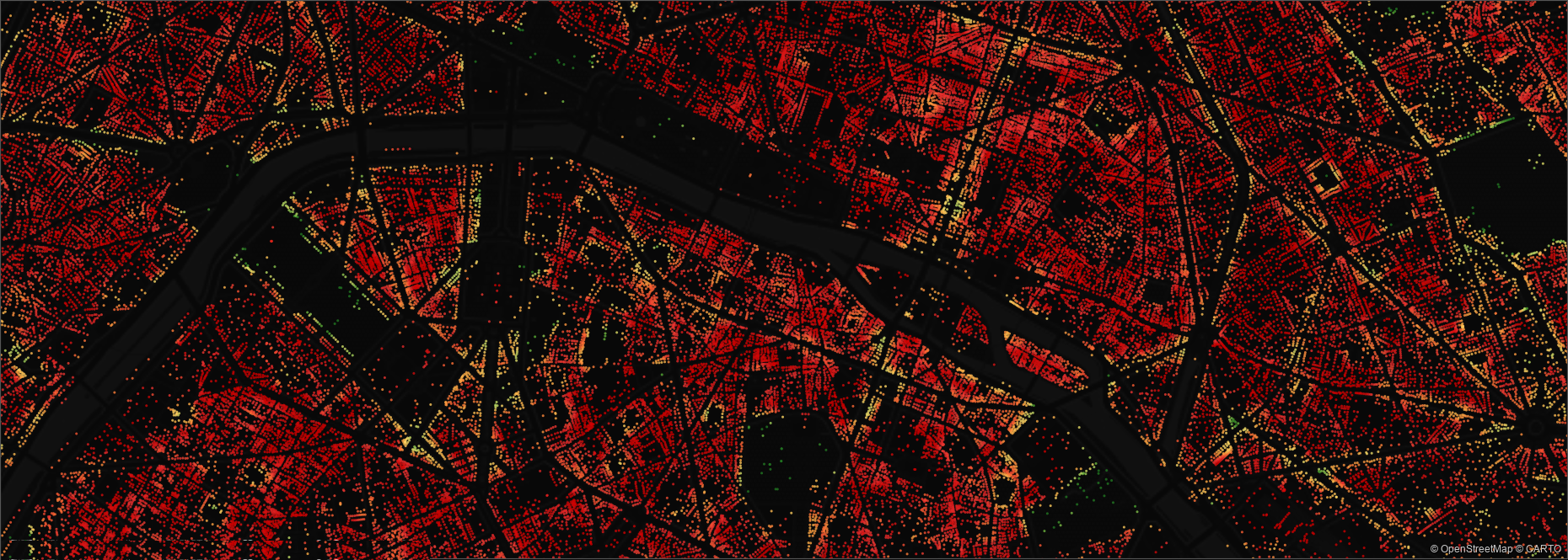 Central Paris: building-level canopy coverage. Red = exposed, green = adequate shade.